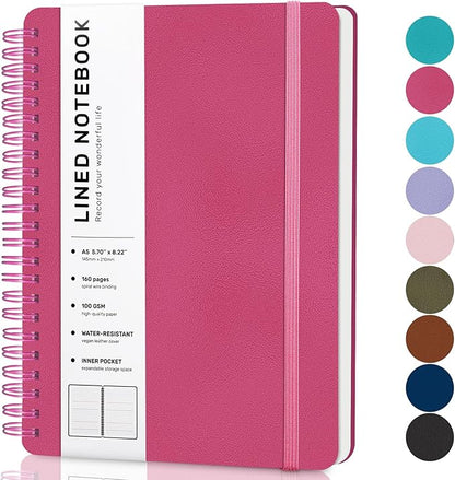 Raspberry Lined Spiral Journal Notebook with 160 Pages, 8×5.7in, A5 Spiral Notebook, Journaling Notebooks for Work, School, Women, Men, College Ruled Spiral Notebook, Hardcover Leather Journals