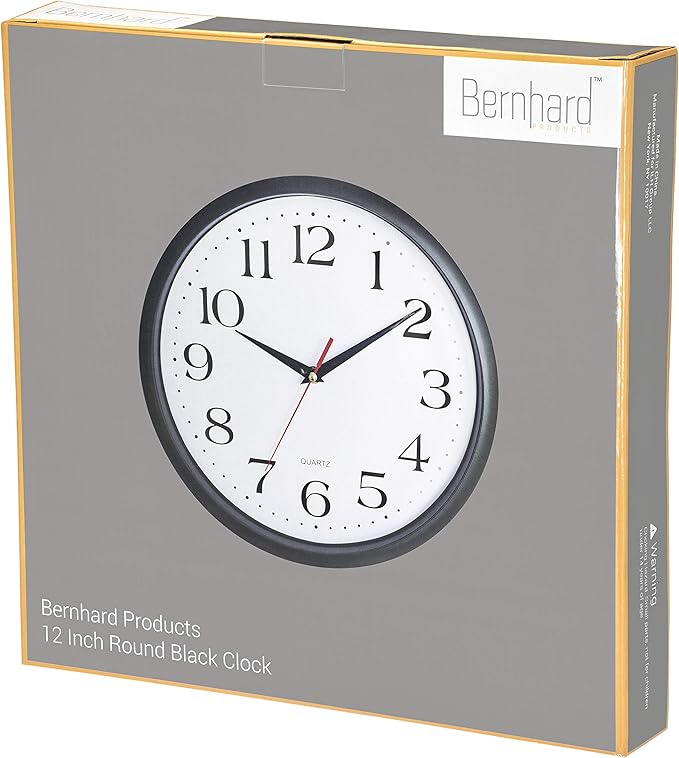 Bernhard Products Black Wall Clock Silent Non Ticking,12 Inch Quality Quartz Battery Operated Round Easy to Read Home/Office/Kitchen/Classroom/School Clock Sweep Movement (12 Inch)