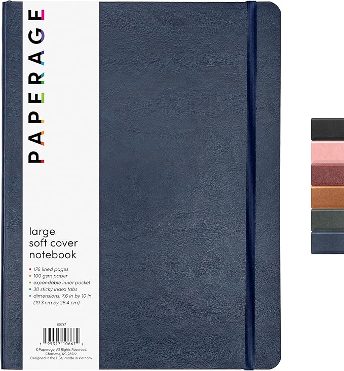 PAPERAGE Softcover Lined Journal Notebook (Navy), 176 Pages, Large B5 College Ruled Notebook, 7.6 inches x 10 inches - 100 GSM Thick Premium Paper, Soft Vegan Leather Journal for Home, Work & School