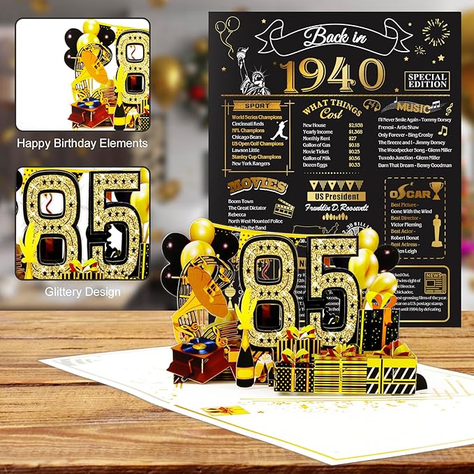 85th Birthday Card for Men Women, Funny 3D Pop Up 85th Birthday Gifts for Grandma Mom Dad, Back In 1940 Happy 85 Year Old Birthday Decorations Cards for Her Him