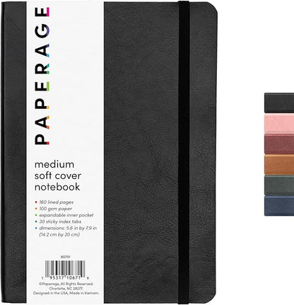 PAPERAGE Softcover Lined Journal Notebook (Black), 160 Pages, Medium College Ruled Notebook, 5.6 inches x 7.9 inches - 100 GSM Thick Premium Paper, Soft Vegan Leather Journal for Home, Work & School