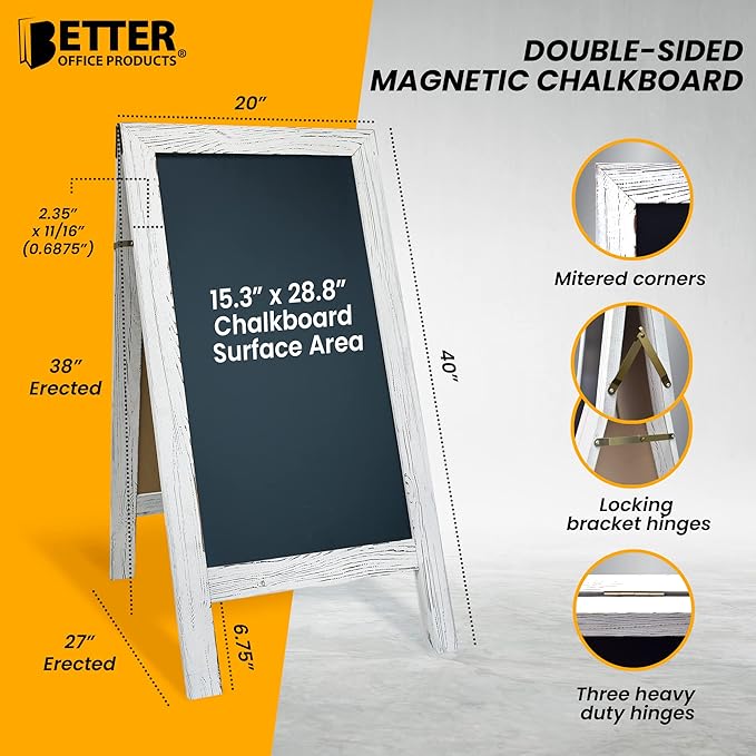 Better Office Products Magnetic A-Frame Chalkboard Sign, Extra Large 20" x 40", Standing Chalkboard Easel, Deluxe Set with Multiple Accessories, Outdoor Sidewalk Sandwich Board Sign,(Whitewash)