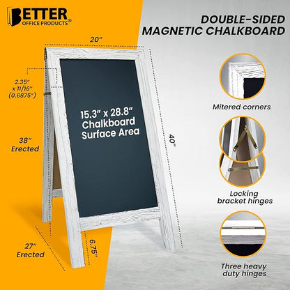 Better Office Products Magnetic A-Frame Chalkboard Sign, Extra Large 20" x 40", Standing Chalkboard Easel, Deluxe Set with Multiple Accessories, Outdoor Sidewalk Sandwich Board Sign,(Whitewash)