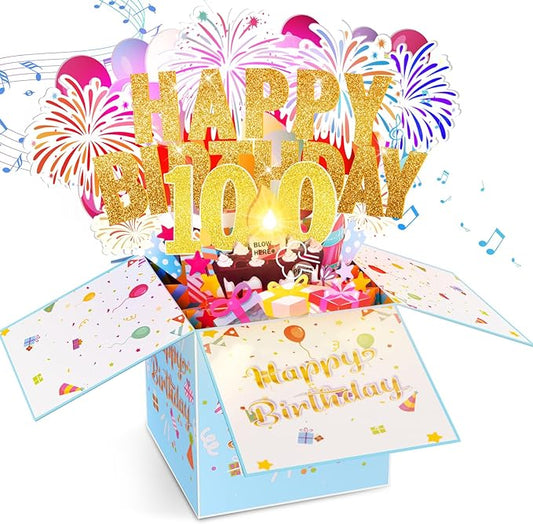 Tnvee 100TH Birthday Cards with Lights & Music & Candle, 3D Pop Up Singing Happy Birthday Greeting Cards Gfits for 100 Years Old Women Man Mom Dad Grandma Grandfa