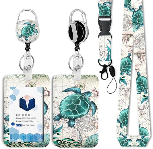Sea Turtle Badge Holder with Retractable Reel and Breakaway Lanyard，Badge Clips Retractable Heavy Duty Badge Reel，Funny Keychain，ID Holder with Breakaway Lanyard for School Nurse Office Teen