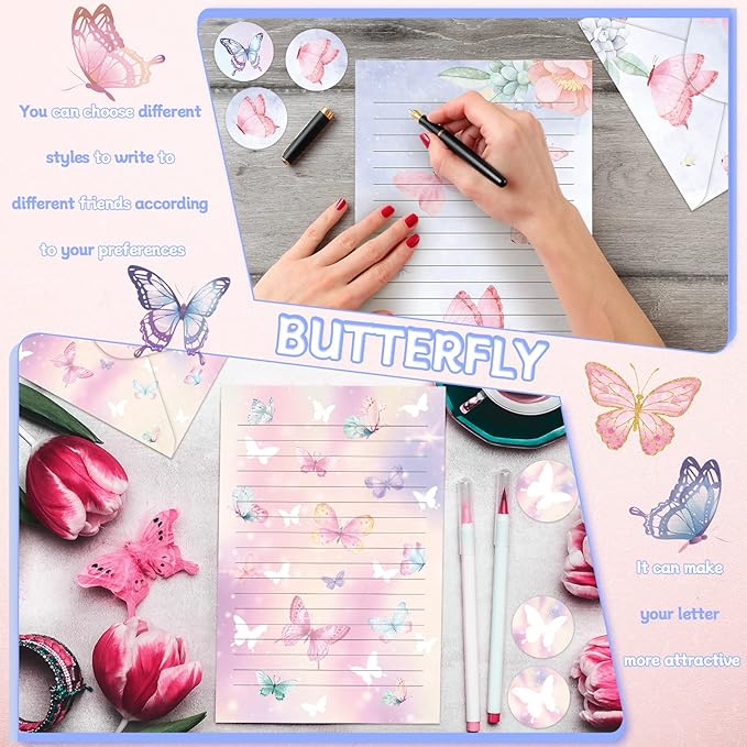 TaoBary 160 Packs Stationery Paper Set (50 Double Sided Stationery Writing Papers 50 Matching Envelopes) 60 Round Dot Sticker, 10 Design(Watercolor Butterfly,8.5 x 11 Inch)