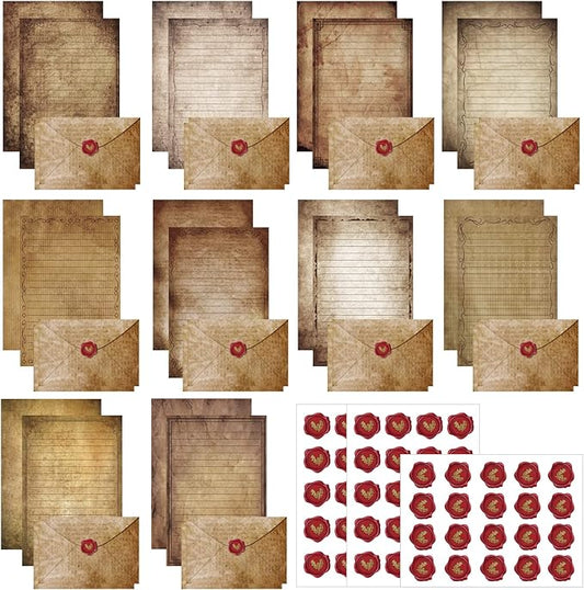 TaoBary 160 Packs Stationery Paper Set (50 Double Sided Stationery Writing Papers 50 Matching Envelopes) 60 Round Dot Sticker, 10 Design(Vintage Antique,5.5 x 8.25 Inch)