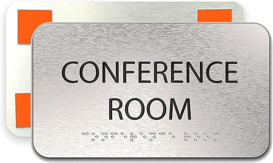 ADA Conference Room Sign for Business - Office Signs, Aluminum Brushed Silver, Tamper-Proof, Heavy Duty Mounting Tape, Easy Install, Office Décor, ADA Compliant, Grade 2 Braille (7”W x 4”H) ADASigns.org