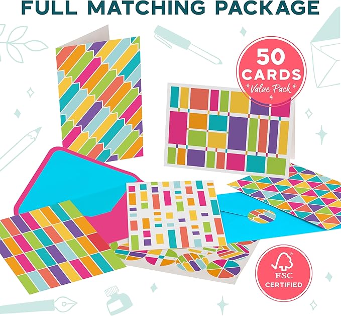 VNS Creations 100 Pack Blank Cards and Envelopes 4x6 - Plain Blank Note Cards with Envelopes & Stickers for All Occasions - Greeting Notes Colored Stationery Set, Assorted Colors - Rainbow