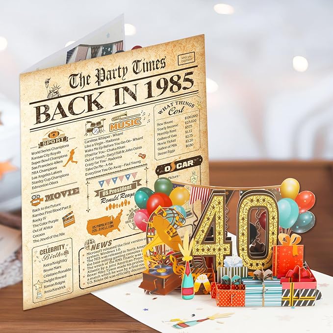 40th Birthday Card for Men Women, 3D Pop Up 40th Birthday Gifts Cards for Him Her, Back In 1985 Funny 40 Year Old Birthday Decorations, Classy Vintage