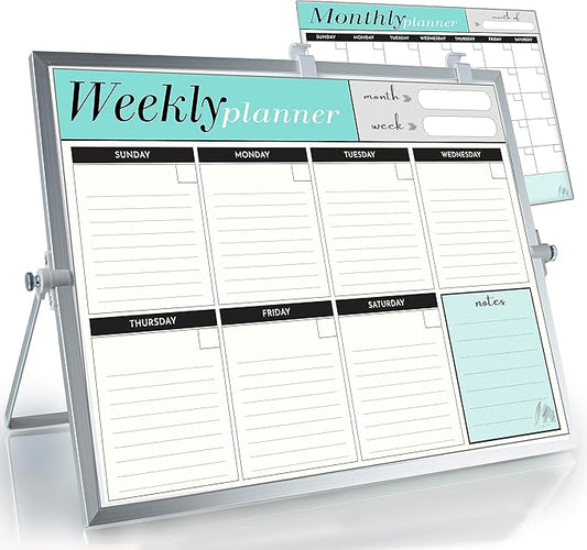 Dry Erase White Board for Desktop & Wall 12"x16" with 2 Magnetic Removable Planners - Weekly & Monthly to Do List Board with Stand, 6 Markers Eraser & Wall Hangers - Portable Double Sided Magnetic