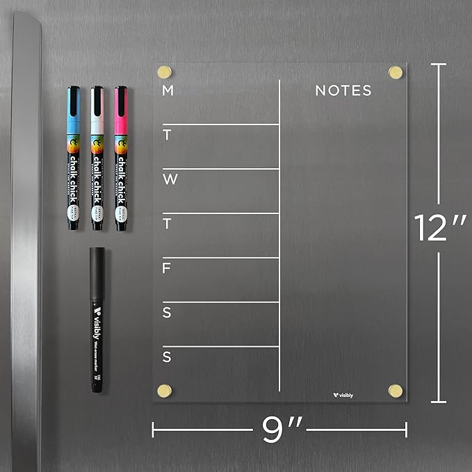 Magnetic Acrylic Weekly Calendar for Fridge, Weekly Meal Planner with Notes, Includes 4 Magnetic Wet-Erase Markers for Refrigerator, 9" X 12" | Black Hardware