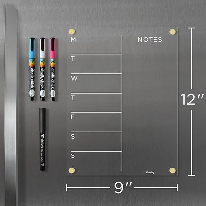 Magnetic Acrylic Weekly Calendar for Fridge, Weekly Meal Planner with Notes, Includes 4 Magnetic Wet-Erase Markers for Refrigerator, 9" X 12" | Black Hardware