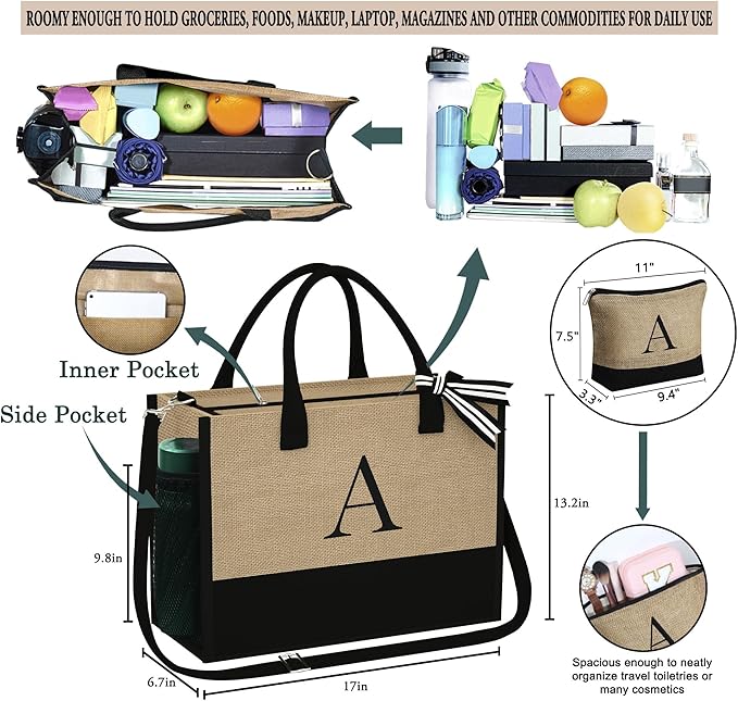 YOOLIFE Christmas Gifts for Women - Initial Jute Tote Bag & Makeup Bag, Birthday Gifts for Women Her Mom Teacher Friend