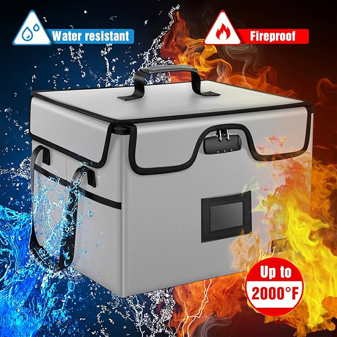 AMBOR File Box with Lock, Fireproof Document Box with 5 Tabs & Inserts, Collapsible File Organizer with Handle for Letter & Legal Size Folder/Certifications/Books Storage, Grey