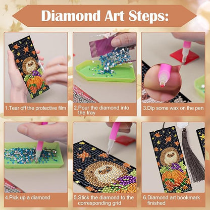 Anseal 3 Pcs 5D Thanksgiving Diamond Bookmarks Painting for Book Lovers, PU Leather Diamond Dotz Art Bookmark for Adults, Tassel Beaded Book Mark for Graduation Birthday Thanksgiving Reading Present