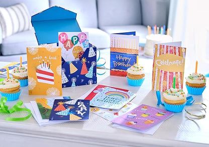 American Greetings 30-Count Birthday Card Assortment Box with Envelopes, Seals, and Storage Box (Kathy Davis Designs, Party Hats)