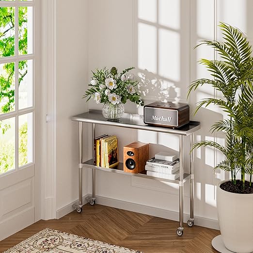 Stainless Steel Table with Wheels 14 x 48 Inches Metal Prep Table with Backsplash & Caster, Adjustable Undershelf for Commercial Kitchen, Outdoor, Restaurant, Hotel & Garage