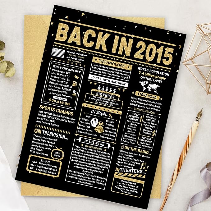 10th Birthday Card, 10th Birthday Decorations for Girl Boys, 10th Birthday Gifts for Daughter Son, Back in 2015 Birthday Card, Black Gold