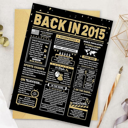 10th Birthday Card, 10th Birthday Decorations for Girl Boys, 10th Birthday Gifts for Daughter Son, Back in 2015 Birthday Card, Black Gold