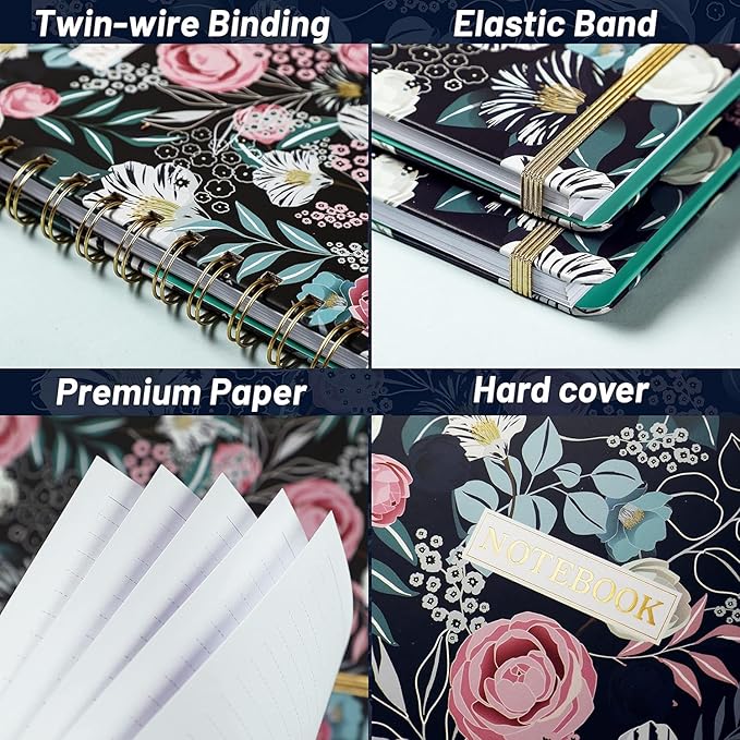 Ruled Notebook/Journal - Classic Lined Journal/Notebook, 6.4'' x 8.5'', Hardcover with Thick Paper, Twin-Wire, Banded + Pen Holder +Inner Pocket - Petunia
