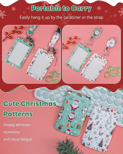 Uniclife 2 Pack Christmas Sliding Badge Holder Hard ID Card Holder with Cartoon Santa Claus & Snowman Patterns Vertical Card Protector with Retractable Badge Reel Carabiner & Detachable Lanyard Strap
