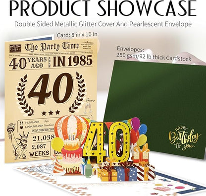 Funny 40th Birthday Card for Women Men, 3D Pop Up 40th Birthday Decorations for Her Him, Happy 40th Birthday Gifts for Husband Wife, Jumbo 40 Year Old Birthday Card, Review of 1985, Classy (8"x10")
