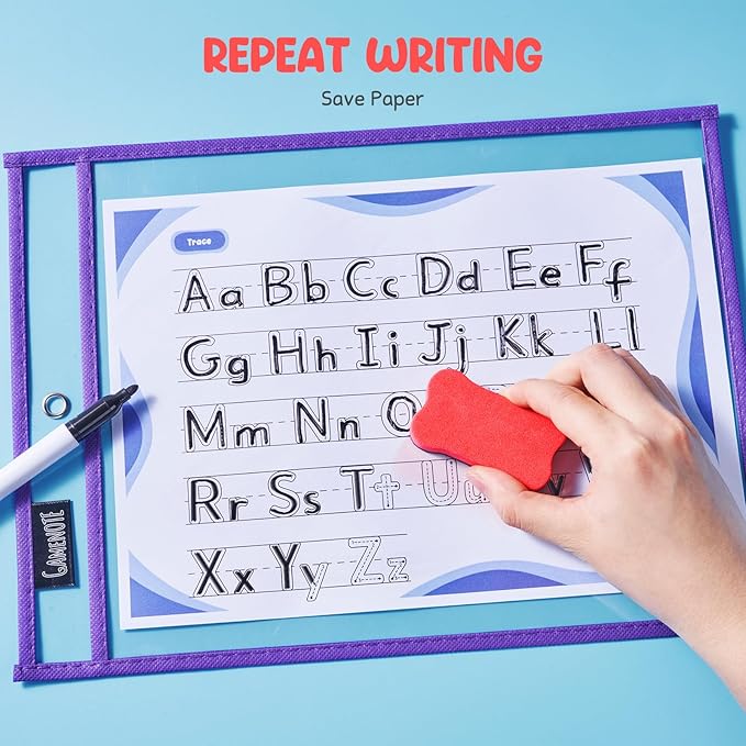 Gamenote Dry Erase Pockets 30 Pack with Rings, Oversized Reusable Plastic Sleeves Shop Ticket Holders Sheet Protectors Teacher Supplies for Classroom Organization (Colorful)