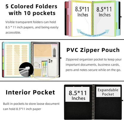 Ospelelf Black Foldable Spiral Clipboard Folio with Storage Zipper Pouch, 5 Plastic Folders with 10 Pockets,Refillable Lined Notepad (11" x 8.5"), Hardcover Project Organizer with 39 Stickers