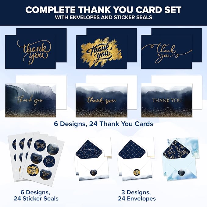 Decorably 24 Pack Glittery 6x4in Blue and Gold Thank You Cards with Envelopes and Stickers, 24 Elegant Designs Navy Blue Thank You Cards, Blank Inside - Birthday, Wedding, Anniversary