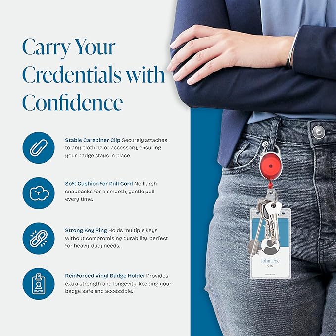 Will Well ID Badge Holders with Clip and Keyring - Vertical Clear Plastic 3.7" x 2.5" Sleeves Fit Up to 3 Cards - Retractable 24" UHMWPE Fiber Pull Cords - 2-Pack, Transparent Red Reels