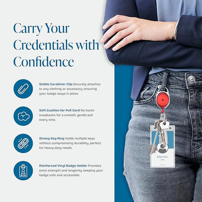 Will Well ID Badge Holders with Clip and Keyring - Vertical Clear Plastic 3.7" x 2.5" Sleeves Fit Up to 3 Cards - Retractable 24" UHMWPE Fiber Pull Cords - 2-Pack, Transparent Red Reels