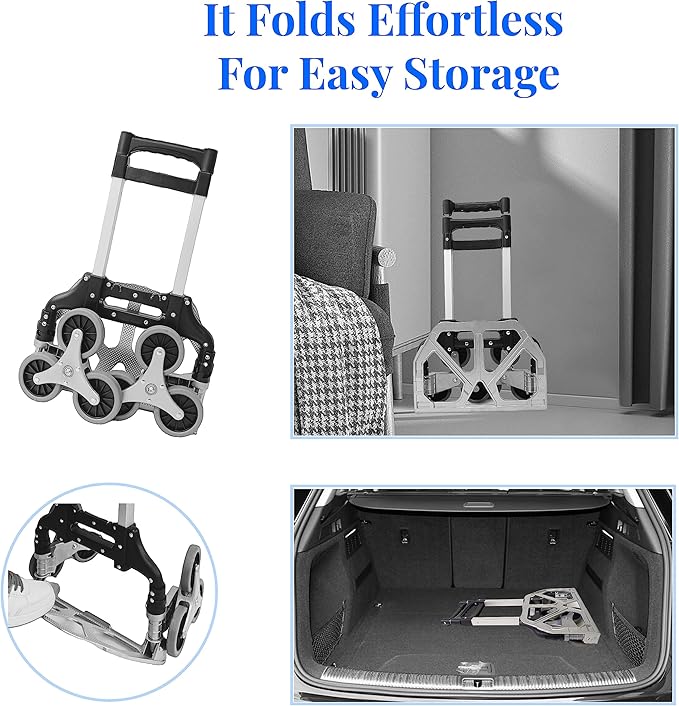 Folding Hand Truck, 165lbs Load Stair Climbing Cart with Silent Wheel, Light Weight Portable Folding Dolly Multi-fuctional Foldable Hand Cart Heavy Duty Utility Cart for Home Office & Travel Use