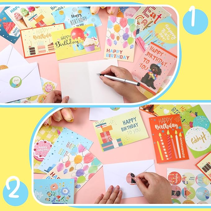 Harloon 200 Pack Happy Birthday Card Assorted Bulk with Blank Envelopes and Stickers 4 x 6 Inches Greeting Blank Happy Birthday Cards for Men Women Adults Kids, 20 Styles(Cute Style)