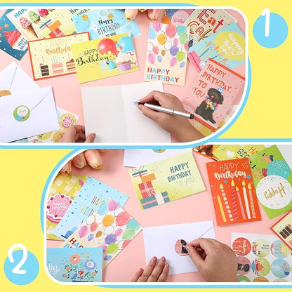 Harloon 200 Pack Happy Birthday Card Assorted Bulk with Blank Envelopes and Stickers 4 x 6 Inches Greeting Blank Happy Birthday Cards for Men Women Adults Kids, 20 Styles(Cute Style)