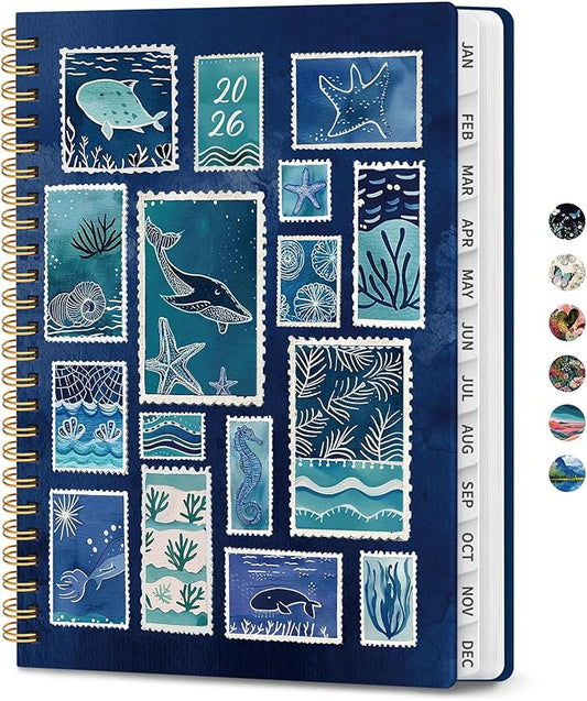 2026 Planner, Weekly and Monthly Planner for Women, January 2026 to December 2026, Pretty Hardcover 2026 Calendar Planner Book with Tabs, Inner Pocket, Spiral Bound, Perfect Office Home School Supplies - 6.3" x 8.5", Ocean Postmarks