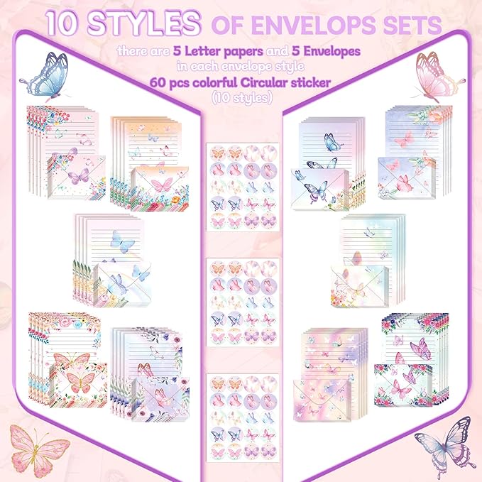 TaoBary 160 Packs Stationery Paper Set (50 Double Sided Stationery Writing Papers 50 Matching Envelopes) 60 Round Dot Sticker, 10 Design(Watercolor Butterfly,5.5 x 8.25 Inch)