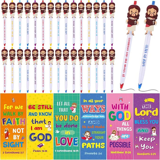 120 Pcs Christian Pens Cards Gift Bulk 60 Mini Jesus Pens with 60 Bible Verse Bookmarks Religious Ballpoint Pens with Inspirational Quotes for Kid Christian Party Favors Baptism Gifts