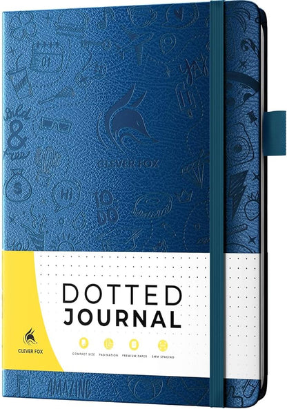Clever Fox Dotted Journal 2.0 – Compact Planning and Sketching Dot Grid Notebook 120 GSM Thick, No-Bleed Paper – Planner with Pen Loop, Pocket, Ribbons, Stickers A5 - Mystic Blue
