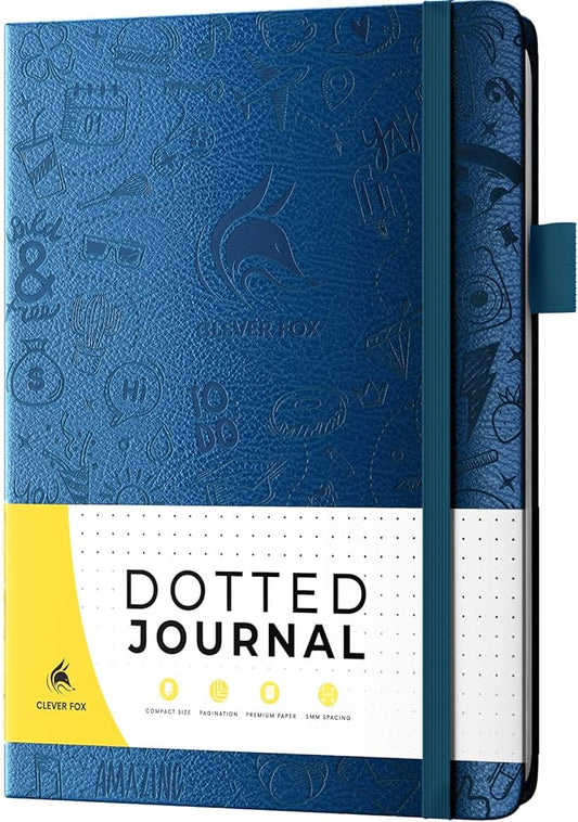 Clever Fox Dotted Journal 2.0 – Compact Planning and Sketching Dot Grid Notebook 120 GSM Thick, No-Bleed Paper – Planner with Pen Loop, Pocket, Ribbons, Stickers A5 - Mystic Blue