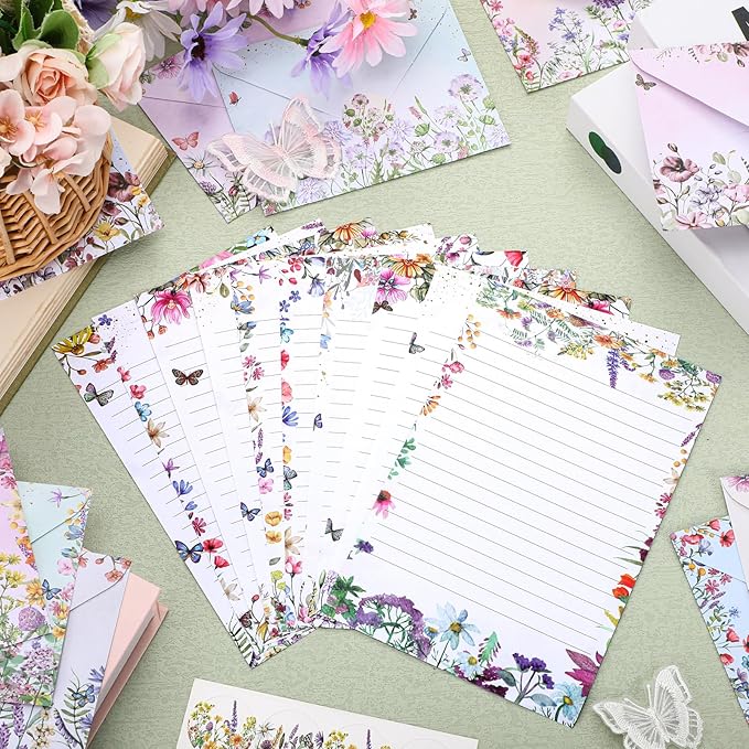 TaoBary 160 Packs Stationery Paper Set (50 Double Sided Stationery Writing Papers 50 Matching Envelopes) 60 Round Dot Sticker, 10 Design(Wildflower,5.5 x 8.25 Inch)