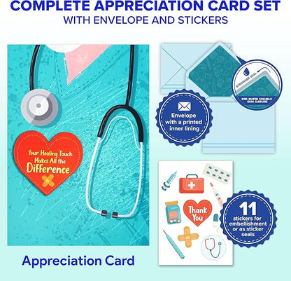 Decorably Gold Foiled 5x8in Individual Nursing Thank You Cards Set with Heart Cutout, Nurse Thank You Card Set with Envelope and Stickers, with Printed Message Inside - Nurse's Day