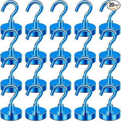 DIYMAG Blue Magnetic Hooks, 50 LB Heavy Duty Strong Magnets with Hooks, Strong Rare Earth Neodymium Magnet Magnetic Hooks for Cruise Cabins Cruise Ship Essentials 20 Packs