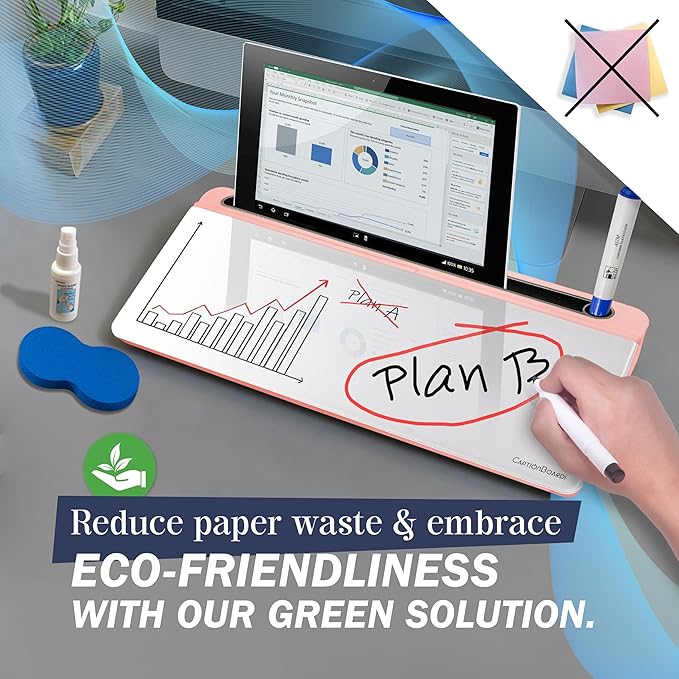 15-Inch Desktop Whiteboard - Glass Dry Erase Board for Desk Whiteboard with Stand with 3 Markers, Spray Bottle, 3 Cable Holders & Storage Box Work from Home Office Gadgets, Peach