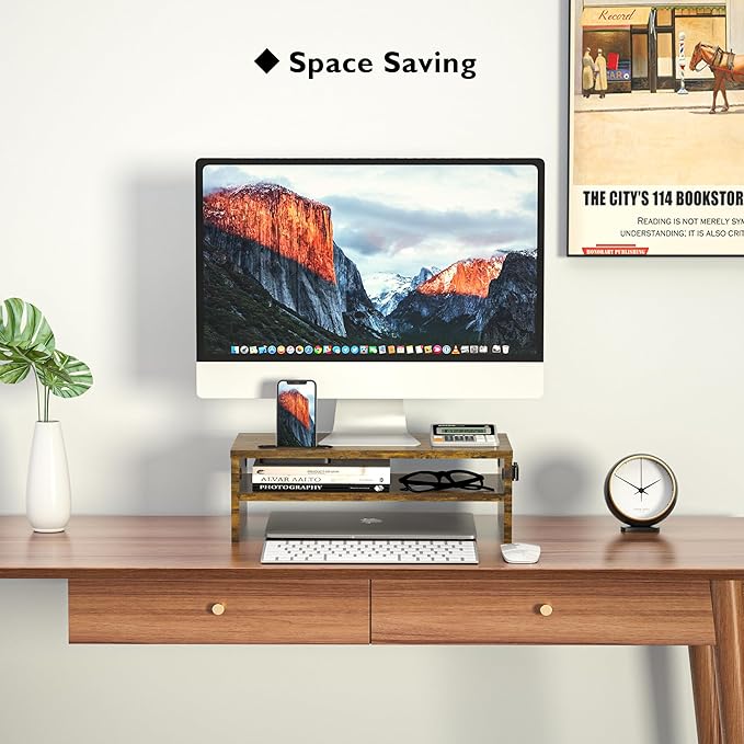 BONTEC Monitor Stand Riser, 2 Tiers Wood Monitor Riser Stand with Storage Organizer, Desktop Ergonomic Monitor Stand Riser with Cellphone Holder and Cable Management, 16.5 Inch Shelf, Vintage Brown