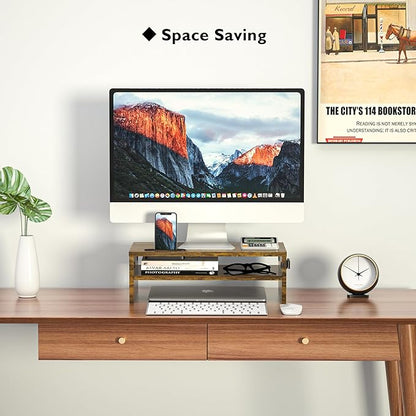 BONTEC Monitor Stand Riser, 2 Tiers Wood Monitor Riser Stand with Storage Organizer, Desktop Ergonomic Monitor Stand Riser with Cellphone Holder and Cable Management, 16.5 Inch Shelf, Vintage Brown