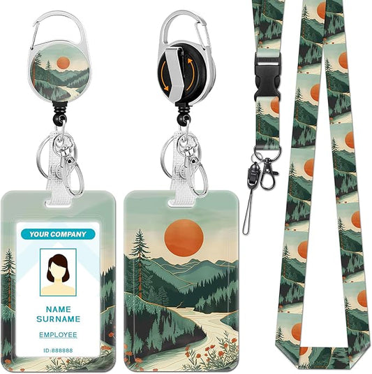 Lanyards for Id Badges, Badge Holder with Retractable Reel Clip, Sunrise Sunset Mountain Tree Work Name Tags Keychain Lanyard ID Card Protector Case for Women Teacher Nurse Doctor Office