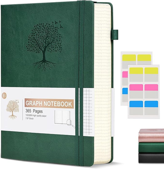 Graph Paper Notebook Journal, 360 Numbered Pages Grid Notebooks, Thick 100gsm Graphing Paper Notebook Journals for Women Men, B5 Large Hardcover Leather Graph Journals for Writing 7.6'' X 10'' Green