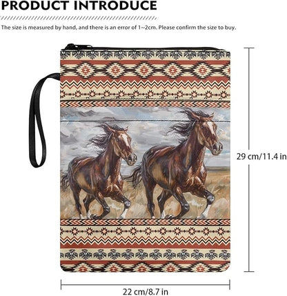 COEQINE Western Horse Book Cover Case Zipper With Pen Holder Pocket Portable Book Organizer Pouch With Pocket For Portable Read Book Dust Cover With Chain