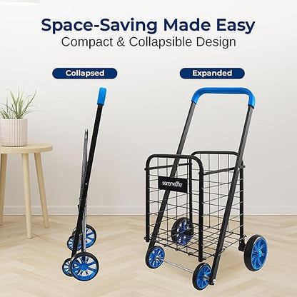 SereneLife Kids Utility/Shopping Cart with Rolling Swivel Front Wheels,66 lbs Capacity,Portable,Lightweight,Collapsible Compact Easy Folding Saves Space, Grocery,Laundry,Luggage with Your Child Blue
